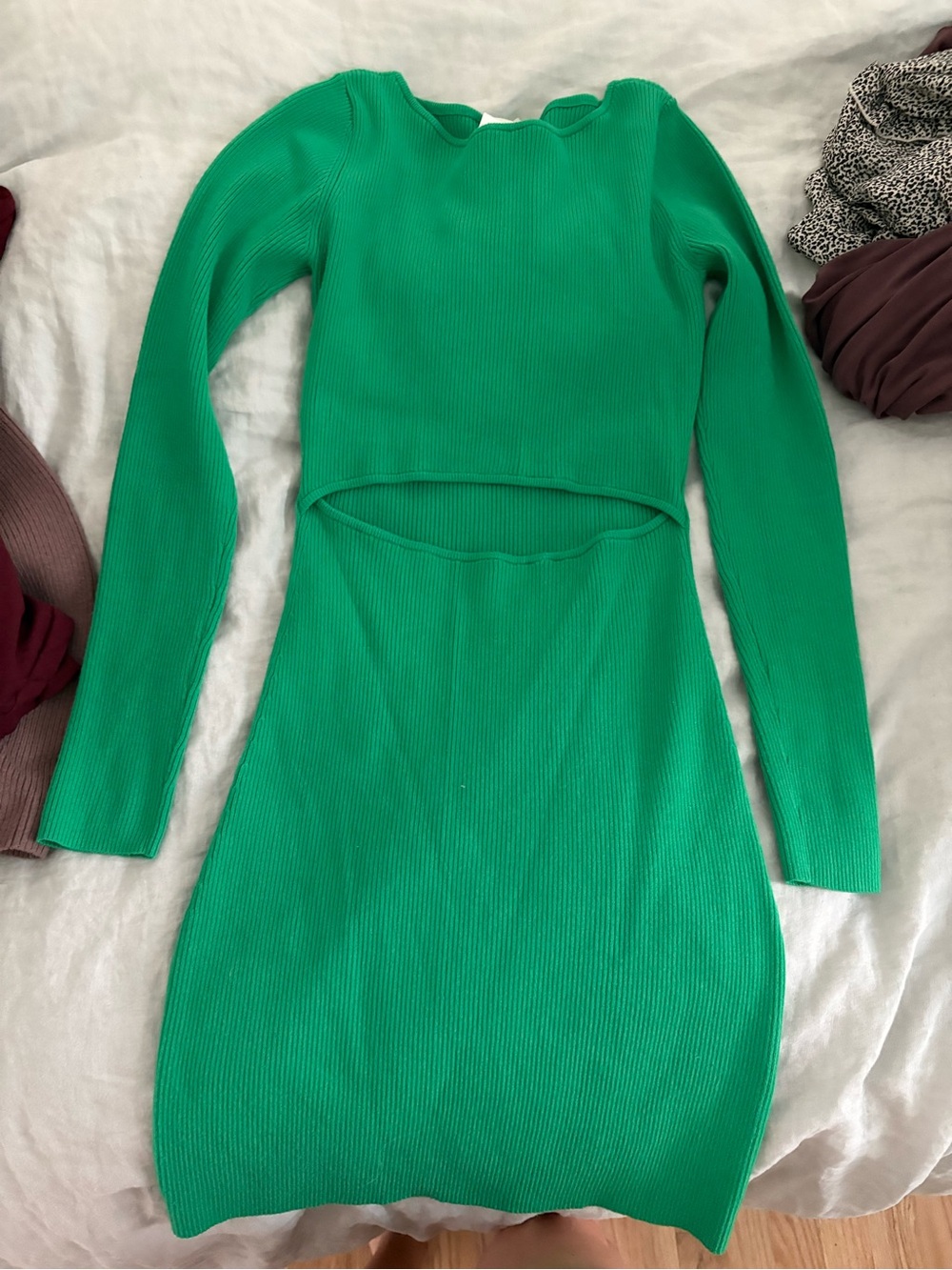 Wilfred Emerald Green Ribbed Long-Sleeve Cutout Dress